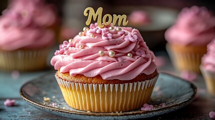 Delicious cupcake decorated with pink frosting and mom topper for celebrating mother's day photo