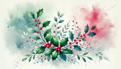 Fototapeta premium A delicate watercolor painting featuring a cluster of holly sprigs with vibrant green leaves and multiple red berries arranged artistically