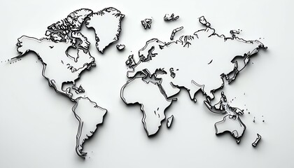 elegant monochromatic world map with contour outlines, minimalist world map design for maritime use, black and white world map with defined borders
