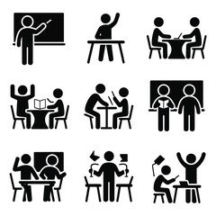 Solid filled classroom teaching icons set with teacher pointing, student raising hand, group study
