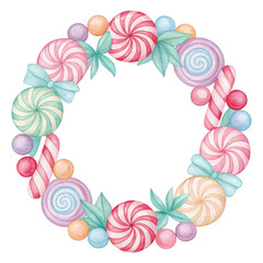 Obraz premium Colorful Hand-Drawn Candy Wreath with Swirls and Bows for Festive Celebrations
