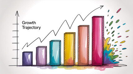 A hand-drawn business growth chart illustration in colored pencil and watercolor style