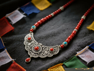 Fototapeta premium A stunning Tibetan-inspired necklace featuring vibrant red coral beads and an elaborate silver pendant, beautifully arranged on a dark textile with prayer flags. 