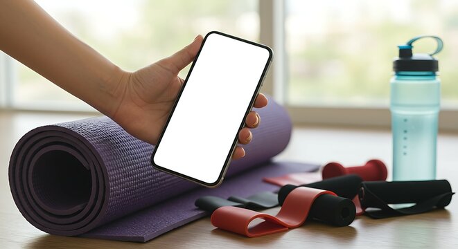 Holding Phone Near Fitness Equipment at Home for Workout App - Powered by Adobe