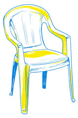Simple vector sketch of a plastic chair in bright yellow and blue, highlighting casual seating and outdoor furniture, perfect for illustrating everyday objects