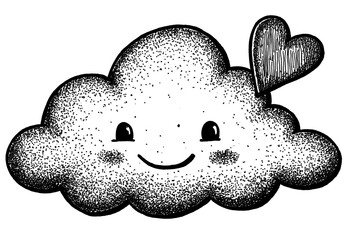 Happy stippled cloud illustration with a sweet little heart, expressing tenderness and dreams, ideal for loving themes, whimsical designs, or heartfelt concepts
