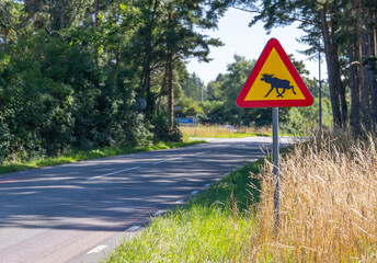 Swedish traffic sign on a street with an elk warning of moose crossing