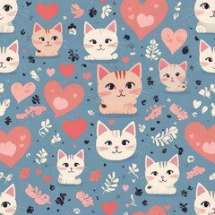 Obraz premium Whimsical pattern of cartoon cats hearts and floral elements on a blue background