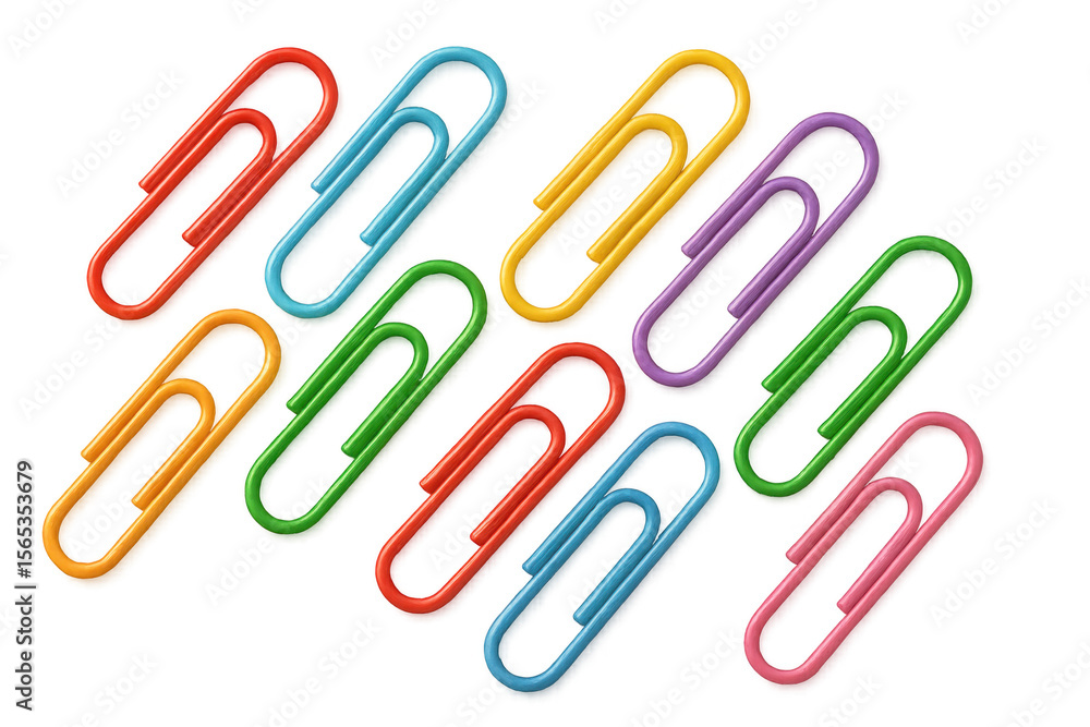 Poster multicolored paperclips angling across clear surface, forming geometric pattern with vivid metallic 