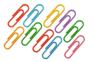 Multicolored paperclips angling across clear surface, forming geometric pattern with vivid metallic hues