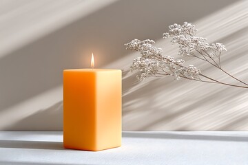 Orange candle, dried flowers, shadows
