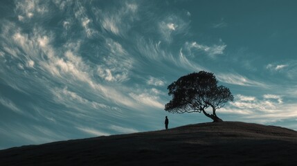 Person stands near a tree on a hill under a dramatic cloudy sky.