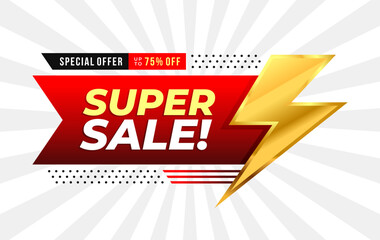 Super Sale Special Offer Banner. Red Ribbon Banner with Golden Lightning Bolt Sale Banner. Vector Illustration