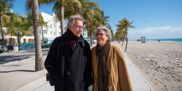 A couple is walking on a beach, with the man wearing a black coat and the woman wearing a brown coat - Powered by Adobe