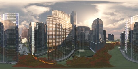 Panorama of the city. Environment map. HDRI map. equidistant projection. Spherical panorama.
3D rendering