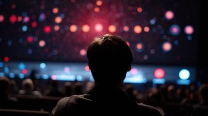 Person watches a colorful light display in a dark room with other people.