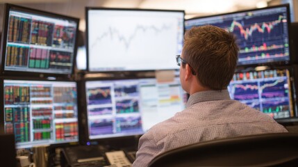 Focused trader immersed in a busy stock market setting utilizing several screens to track market trends currency fluctuations and stock performance for informed decisionmaking.