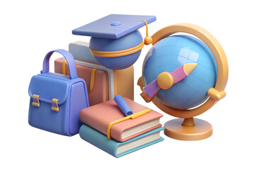 Stylized 3d rendering of school supplies including a graduation cap books and a globe