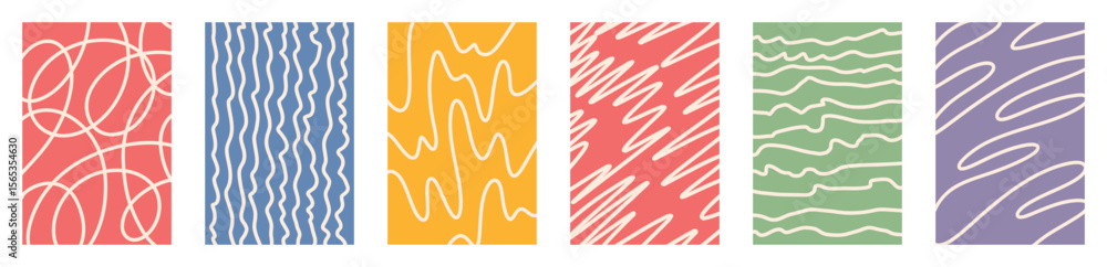 Poster colorful vector childlike scribble collection. groovy hand drawn wavy and swirly lines in vertical l