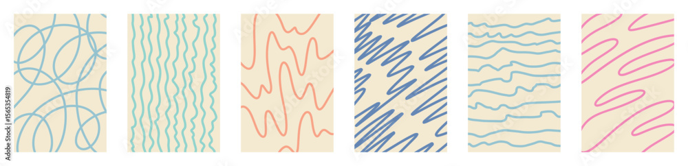 Poster retro inspired pastel vector collection of childish doodle patterns with soft hand drawn scribbles, 