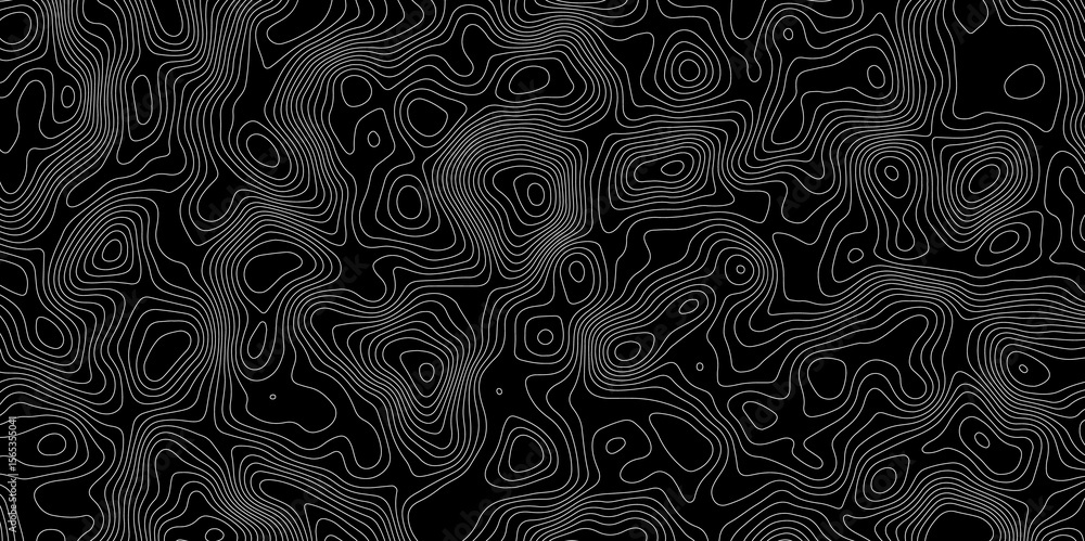 Poster abstract topographic map with white contour lines and black background depicting abstract terrain an