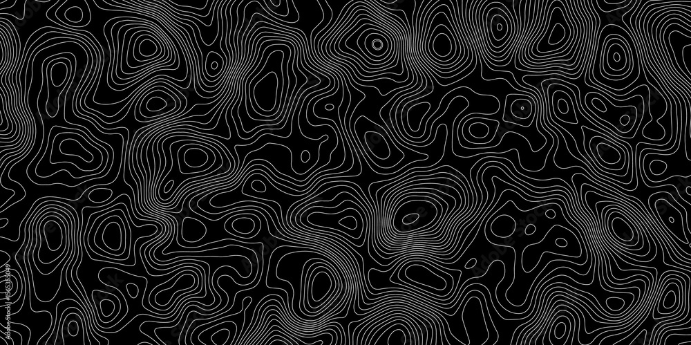 Poster abstract topographic map with white contour lines and black background depicting abstract terrain an