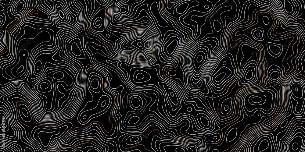 Poster abstract topographic map with white contour lines and black background depicting abstract terrain an