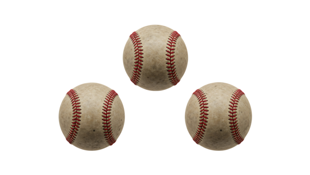 Three old baseballs with red stitches on a transparent background.
