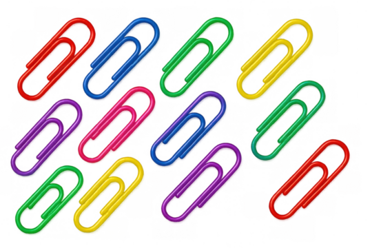 Multicolored paperclips scattered artistically, showcasing organizational design against clear backdrop, highlighting stationery creativity