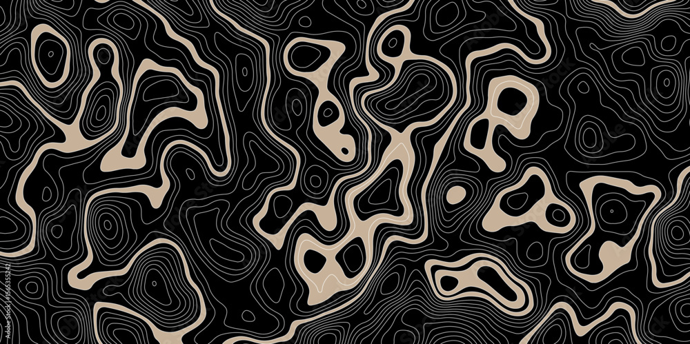 Poster abstract topographic map on a black background with beige areas defined by white contour lines showi