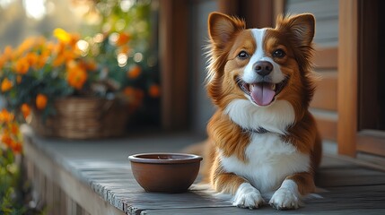 Happy brown and white dog relaxing on a wooden porch with a bowl and orange flowers photo