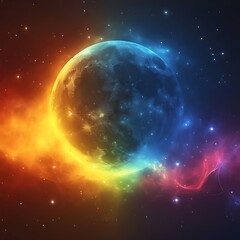 Vibrant celestial orb bathed in colorful nebulae