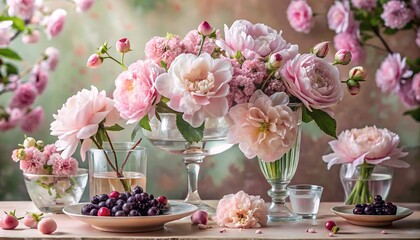 Photo of a stunning arrangement of pink peonies and roses in glass vases, accompanied by bowls of blueberries and cherries, sits on a wooden table