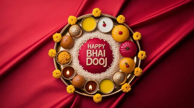 Bhaidooj, Festive Bhai Dooj Thali with Sweets, Rice, and Marigold Flowers on Red Silk