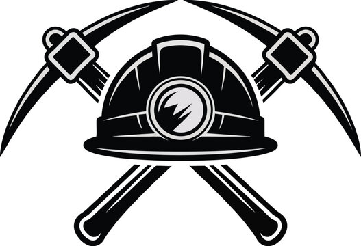 A graphic illustration of a miner's helmet with a light and crossed pickaxes on a light background