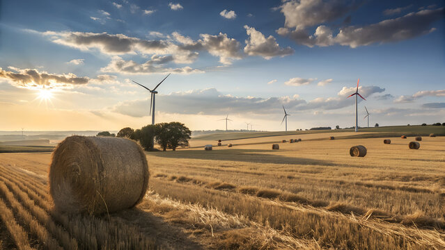 Golden Hour Hay Bales and Wind Turbines A Rural Energy Landscape Photograph