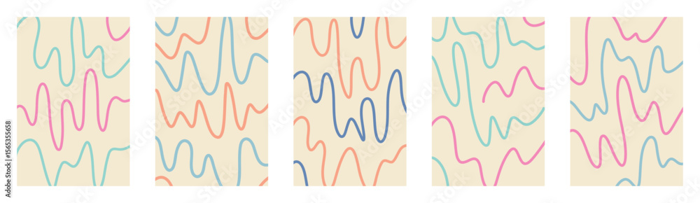 Aufkleber fluid hand drawn funky abstract curly wavy lines vector doodle backgrounds set. retro sketch style c