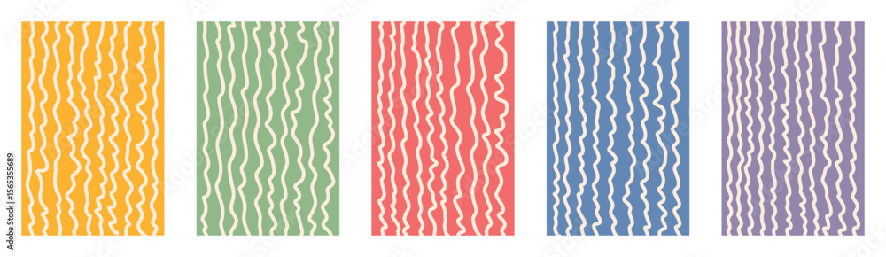 Poster bright colorful childish hand drawn vertical wavy line vector pattern set. curly distorted doodle sq