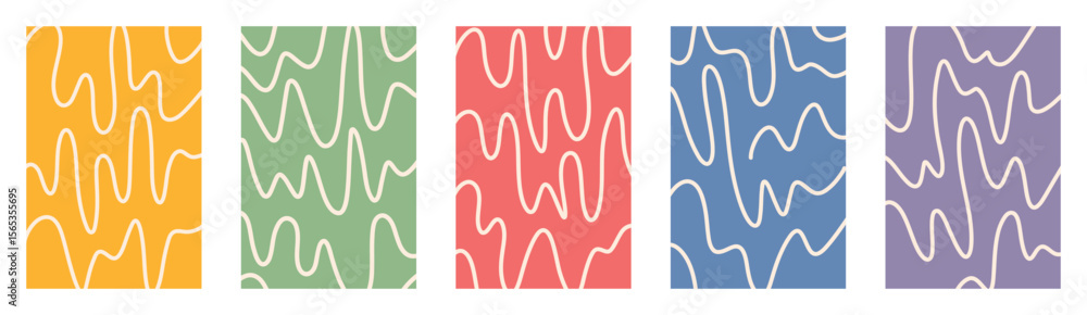 Poster retro groovy childish hand drawn abstract vector backgrounds with wavy lines. organic distorted curv