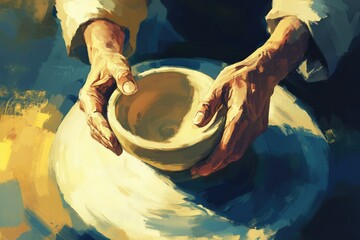 A potter's hands skillfully shape clay on a spinning wheel, creating a bowl.