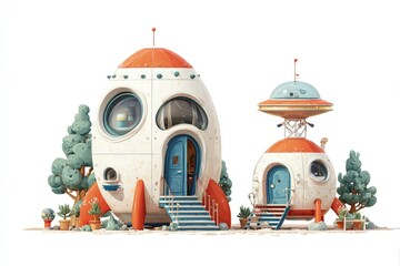 Space-age cartoon home with rocket-shaped walls porthole windows and mini UFO parked outside isolated on white background