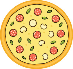 Cartoon illustration of a pizza with pepperoni, mushrooms, and basil on a yellow background.
