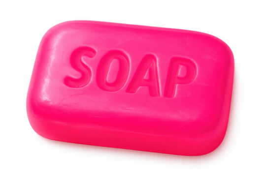 Pink soap bar featuring embossed lettering, studio-lit against transparent backdrop