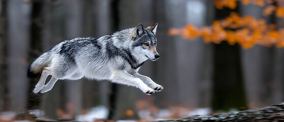 Gray Wolf Leaping in Forest