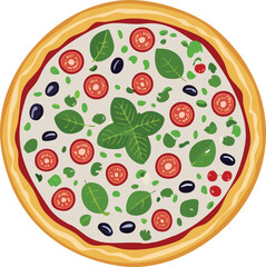 A top-down view of a pizza with various toppings.