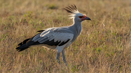 Fototapeta premium Secretary Bird in Tall Grass with Antelope Nearby