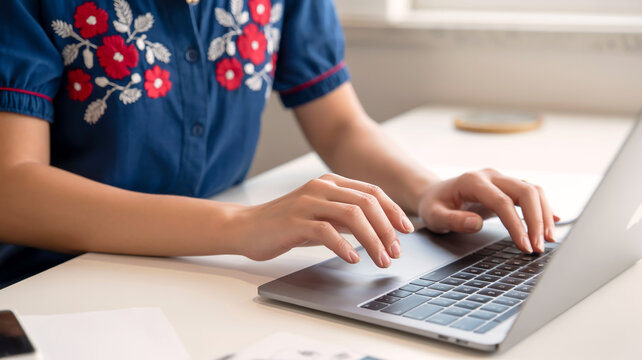 A close-up photograph of hands typing on a silver MacBook laptop keyboard.