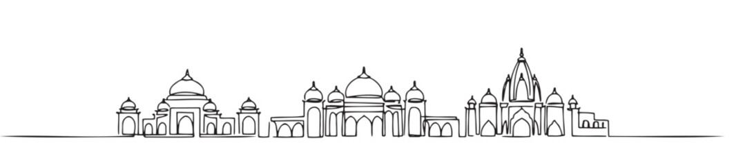 Line art illustration of the holy city of Varanasi with iconic temples