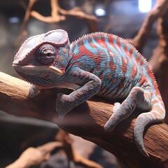 Vibrant chameleon on a branch.  Close-up of a colorful reptile