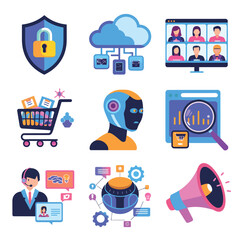 vector icons for robots, artificial intelligence, and the assistance provide in work and security 
